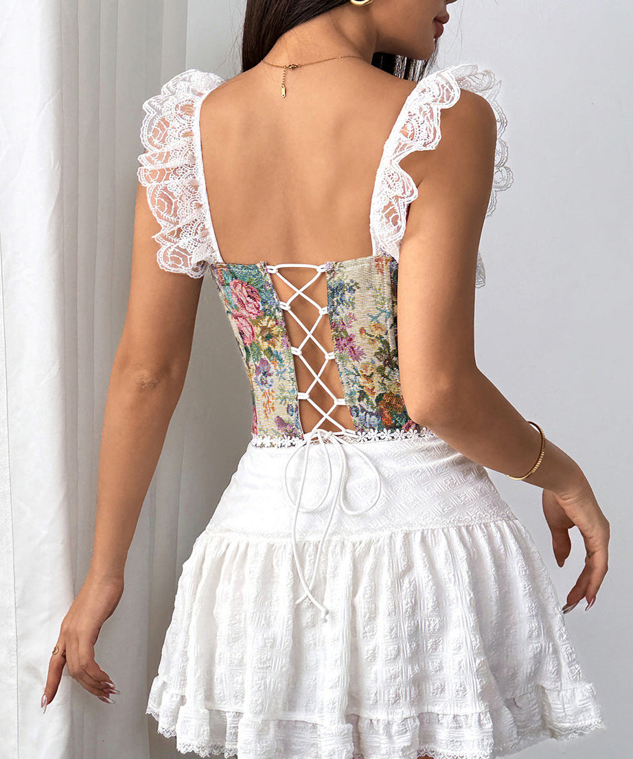 Romantic Fall Floral Tapestry Corset Top with Ruffled Lace Trim
