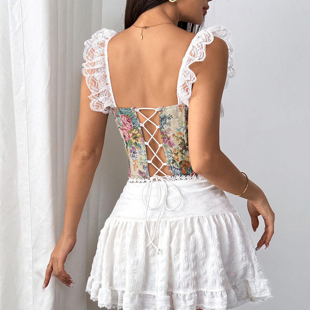 Romantic Fall Floral Tapestry Corset Top with Ruffled Lace Trim