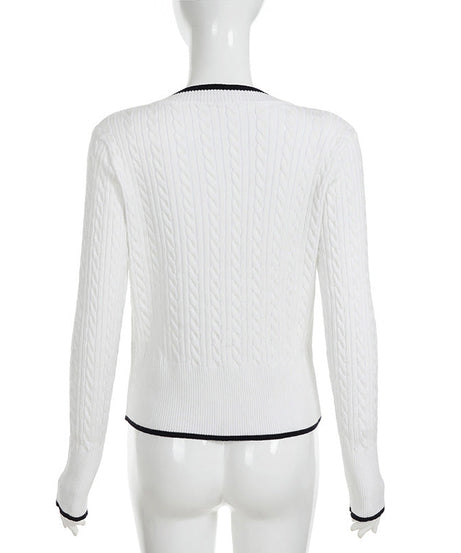Preppy Chic White Cable Knit V-Neck Sweater | Contrast Trim Fall & Holiday Essential