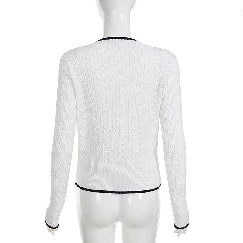 Preppy Chic White Cable Knit V-Neck Sweater | Contrast Trim Fall & Holiday Essential