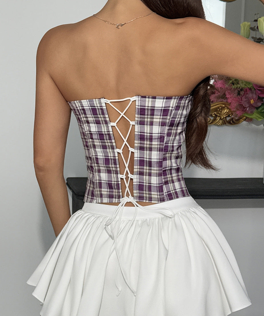 Effortless Fall Chic: American Plaid Sweetheart Ruffle Corset Top - Trendy Autumn Bustier
