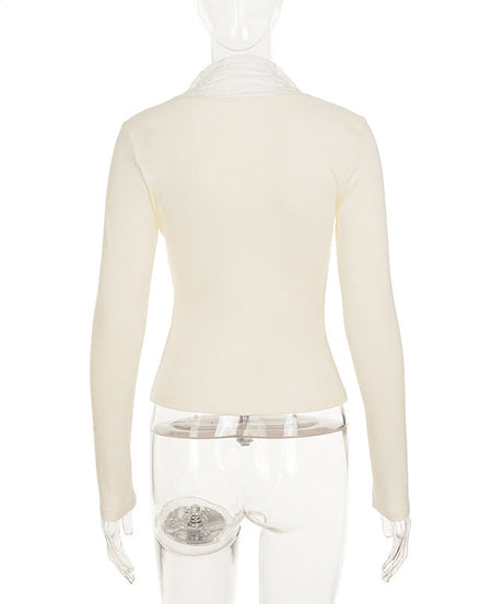 Chic Fall Sweetheart Lace Long Sleeve Top - Cozy High Neck Comfort