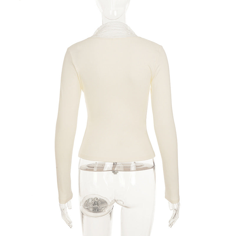 Chic Fall Sweetheart Lace Long Sleeve Top - Cozy High Neck Comfort