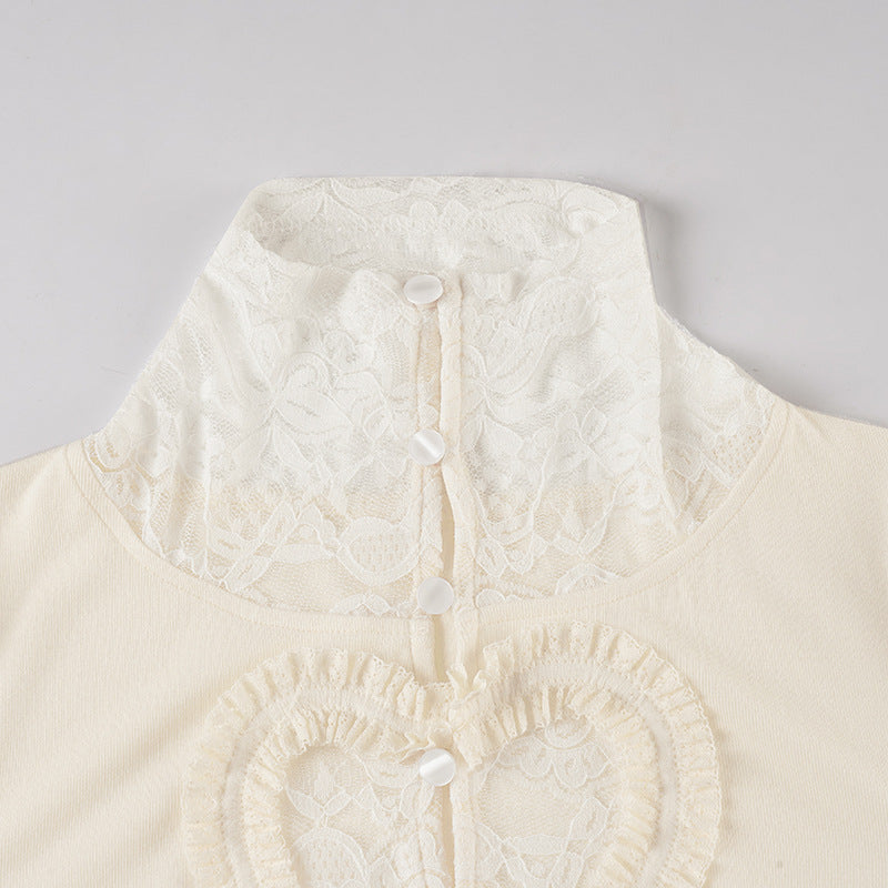 Chic Fall Sweetheart Lace Long Sleeve Top - Cozy High Neck Comfort