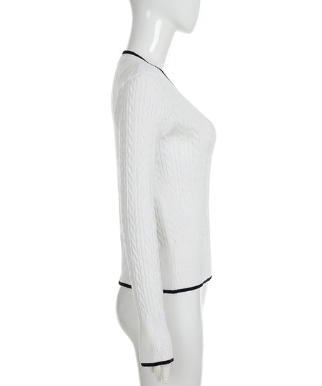 Preppy Chic White Cable Knit V-Neck Sweater | Contrast Trim Fall & Holiday Essential