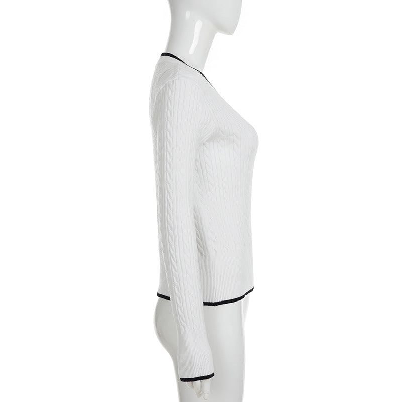 Preppy Chic White Cable Knit V-Neck Sweater | Contrast Trim Fall & Holiday Essential