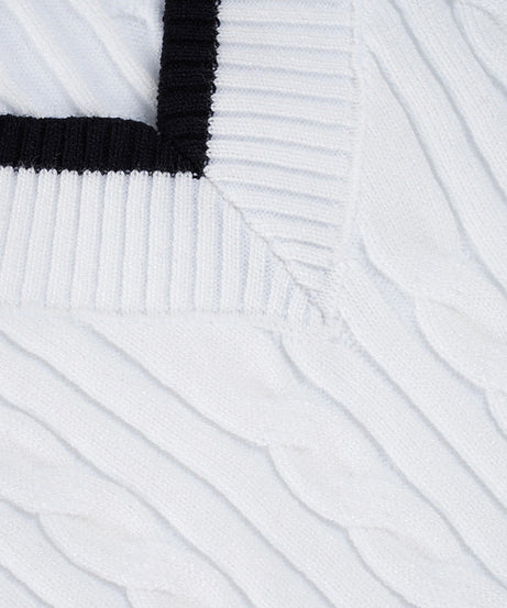 Preppy Chic White Cable Knit V-Neck Sweater | Contrast Trim Fall & Holiday Essential