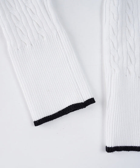 Preppy Chic White Cable Knit V-Neck Sweater | Contrast Trim Fall & Holiday Essential