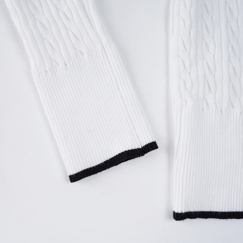 Preppy Chic White Cable Knit V-Neck Sweater | Contrast Trim Fall & Holiday Essential