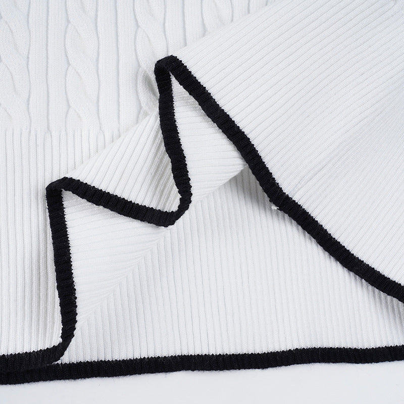 Preppy Chic White Cable Knit V-Neck Sweater | Contrast Trim Fall & Holiday Essential