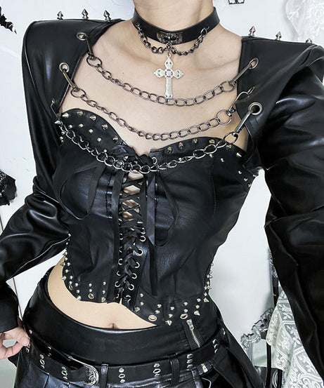 Rebel Heart: Faux Leather Studded Corset & Chain Shrug Set - Halloween & Fall Nights