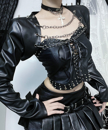 Rebel Heart: Faux Leather Studded Corset & Chain Shrug Set - Halloween & Fall Nights
