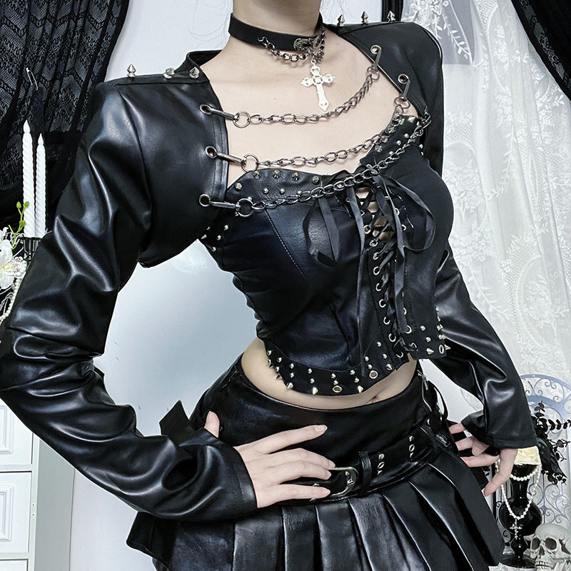 Rebel Heart: Faux Leather Studded Corset & Chain Shrug Set - Halloween & Fall Nights