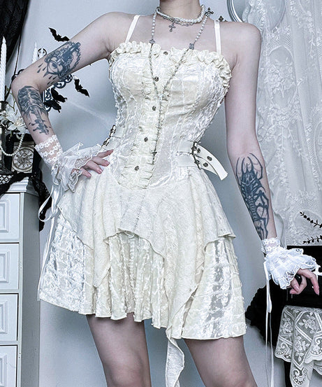 Enchanting Gothic Velvet Corset Mini Dress | Lace Ruffles & Buckles for Fall & Halloween