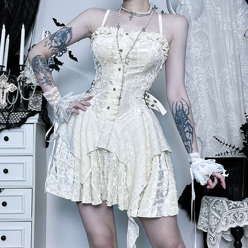 Enchanting Gothic Velvet Corset Mini Dress | Lace Ruffles & Buckles for Fall & Halloween