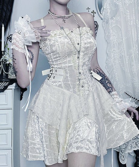 Enchanting Gothic Velvet Corset Mini Dress | Lace Ruffles & Buckles for Fall & Halloween