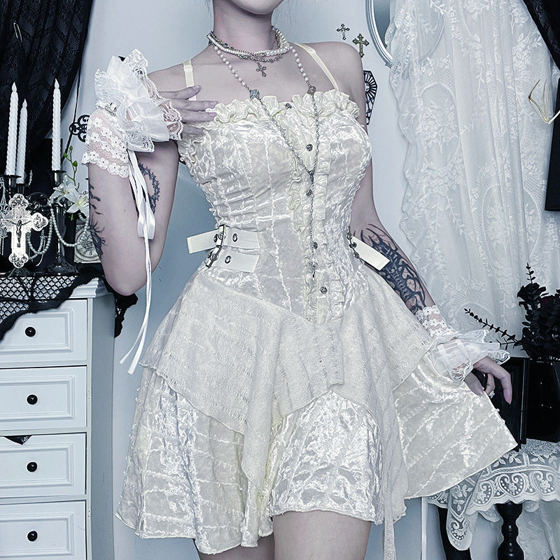 Enchanting Gothic Velvet Corset Mini Dress | Lace Ruffles & Buckles for Fall & Halloween