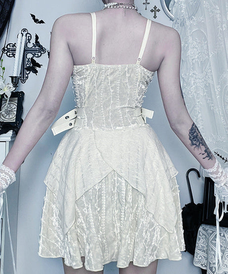 Enchanting Gothic Velvet Corset Mini Dress | Lace Ruffles & Buckles for Fall & Halloween