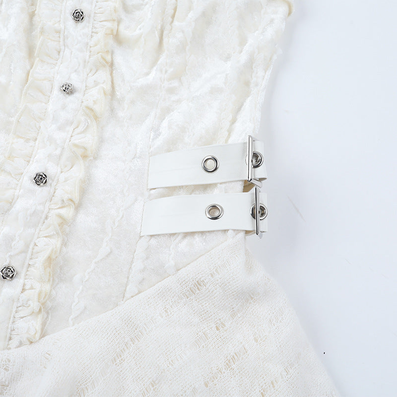 Enchanting Gothic Velvet Corset Mini Dress | Lace Ruffles & Buckles for Fall & Halloween