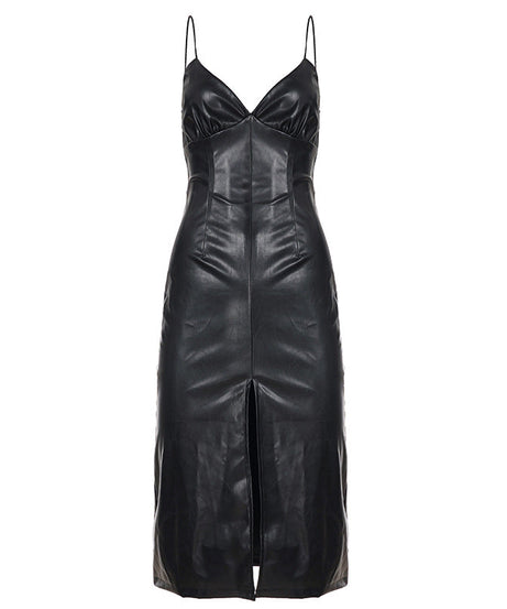 Sleek & Chic Faux Leather V-Neck Cami Midi Dress with Sassy Slit | Fall & Holiday Party Essential