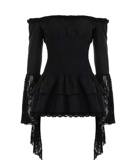 Fall Gothic Romance Off-Shoulder Ruffle Top - Bell Sleeve Lace Peplum Mini Dress for Women