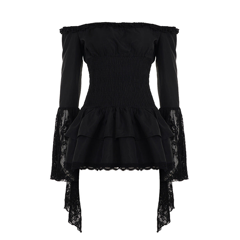 Fall Gothic Romance Off-Shoulder Ruffle Top - Bell Sleeve Lace Peplum Mini Dress for Women