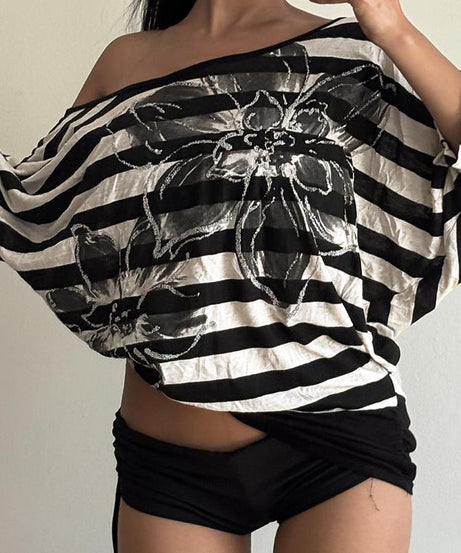 Shimmer & Stripes: Chic Off-Shoulder Floral Dolman Top for Fall & Holiday