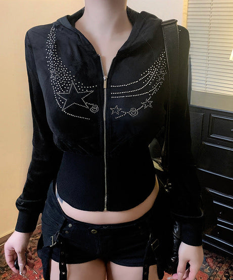 Y2K Glam Star Rhinestone Velvet Cropped Zip Hoodie | Fall Fashion Must-Have