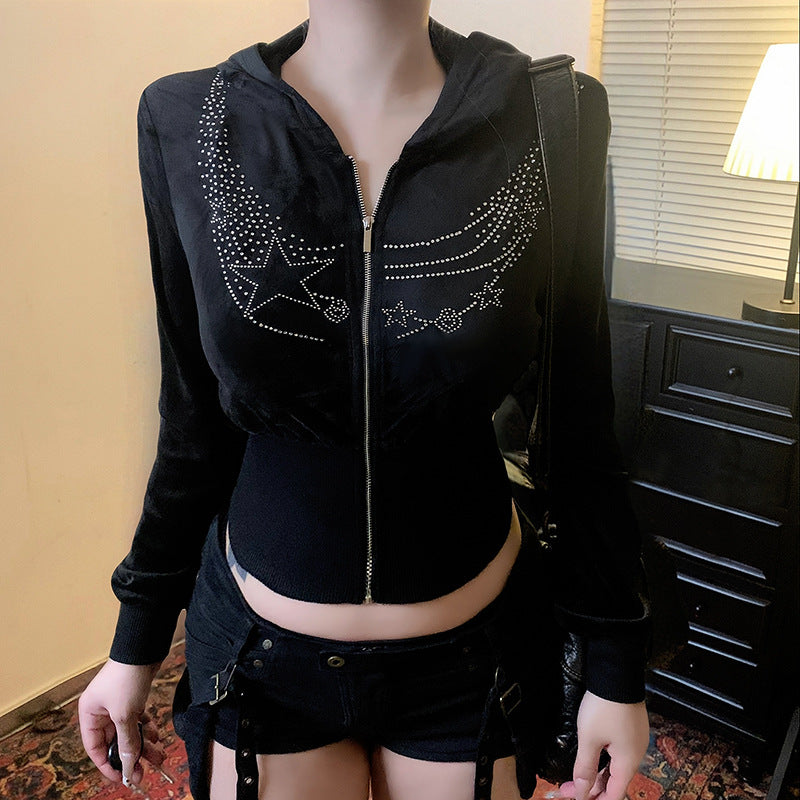 Y2K Glam Star Rhinestone Velvet Cropped Zip Hoodie | Fall Fashion Must-Have