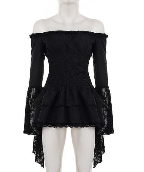 Fall Gothic Romance Off-Shoulder Ruffle Top - Bell Sleeve Lace Peplum Mini Dress for Women