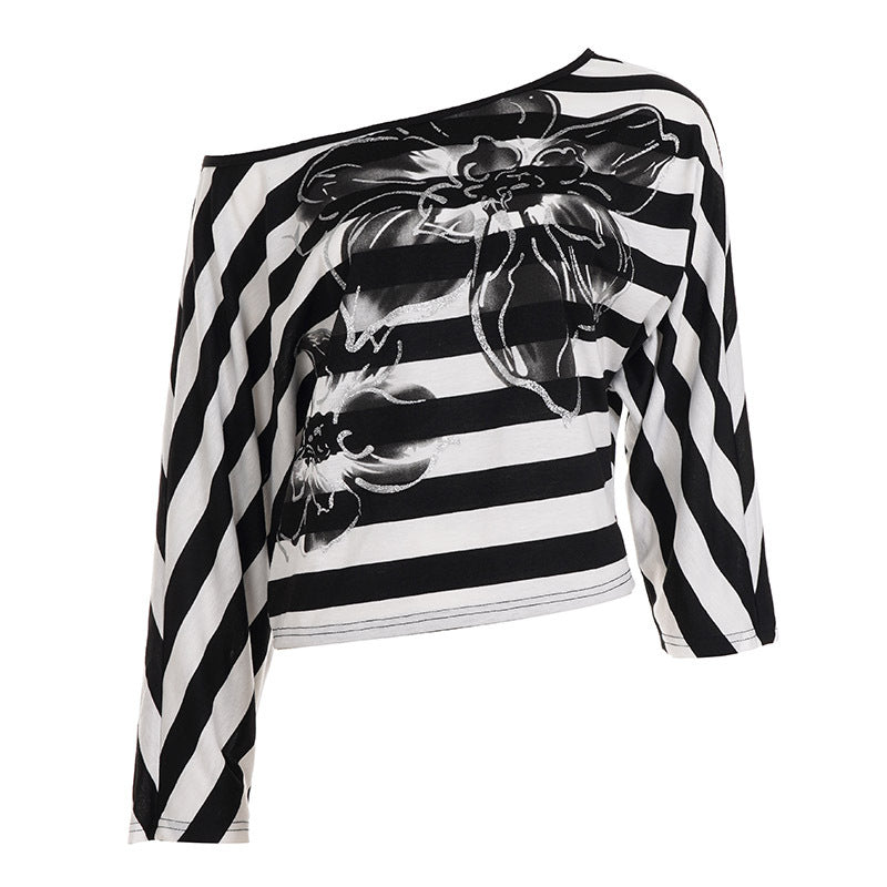 Shimmer & Stripes: Chic Off-Shoulder Floral Dolman Top for Fall & Holiday