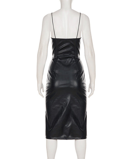 Sleek & Chic Faux Leather V-Neck Cami Midi Dress with Sassy Slit | Fall & Holiday Party Essential