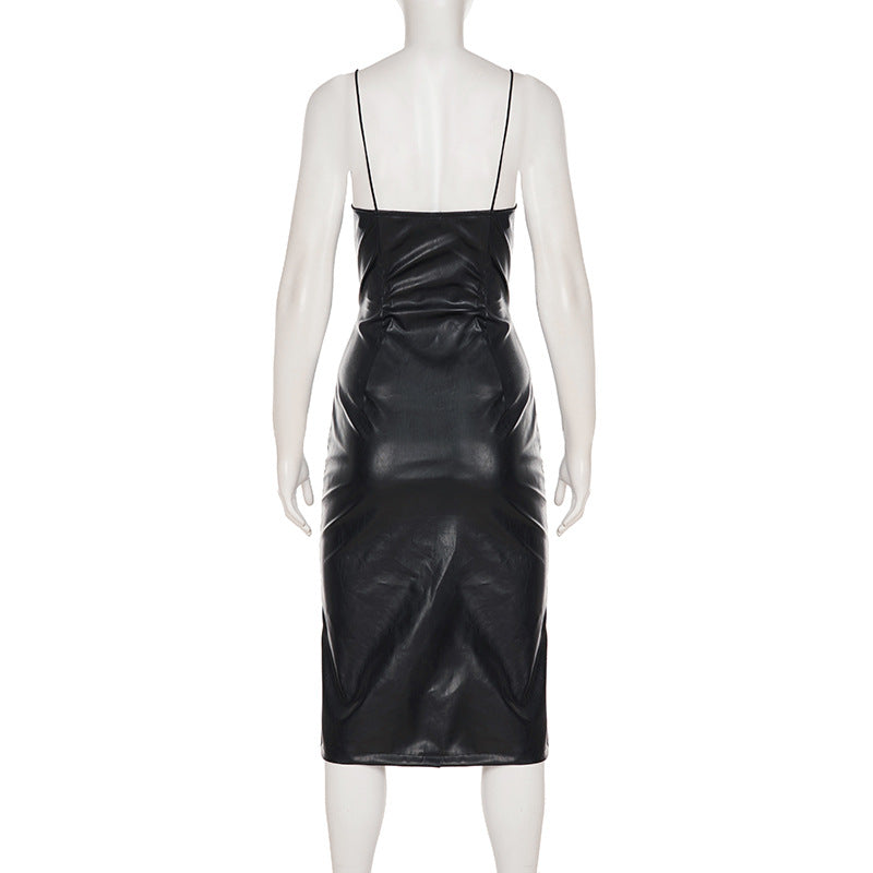 Sleek & Chic Faux Leather V-Neck Cami Midi Dress with Sassy Slit | Fall & Holiday Party Essential