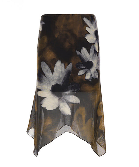 Autumn Bloom Asymmetrical Mesh Midi Skirt - Dark Floral Chic for Fall