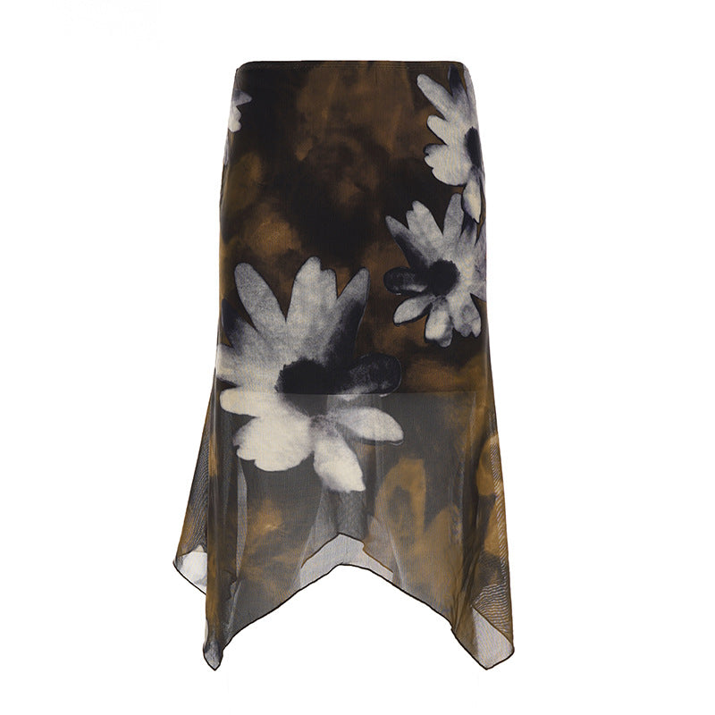 Autumn Bloom Asymmetrical Mesh Midi Skirt - Dark Floral Chic for Fall