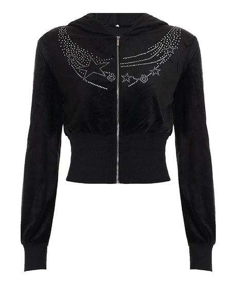 Y2K Glam Star Rhinestone Velvet Cropped Zip Hoodie | Fall Fashion Must-Have