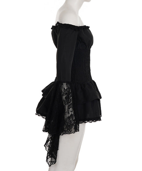 Fall Gothic Romance Off-Shoulder Ruffle Top - Bell Sleeve Lace Peplum Mini Dress for Women