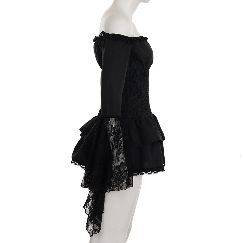 Fall Gothic Romance Off-Shoulder Ruffle Top - Bell Sleeve Lace Peplum Mini Dress for Women