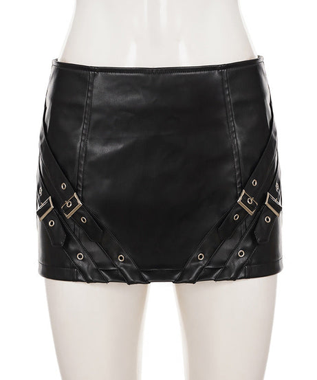 Edgy Moto Chic Faux Leather Buckle Mini Skirt - Fall Party & Concert Ready