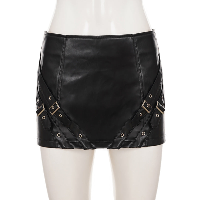 Edgy Moto Chic Faux Leather Buckle Mini Skirt - Fall Party & Concert Ready