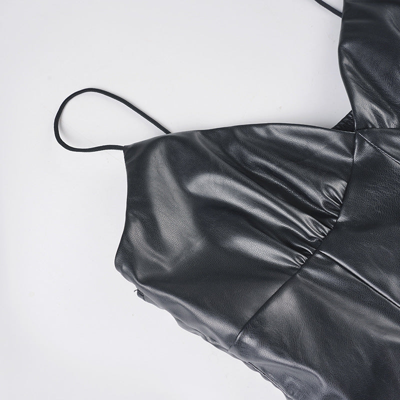 Sleek & Chic Faux Leather V-Neck Cami Midi Dress with Sassy Slit | Fall & Holiday Party Essential