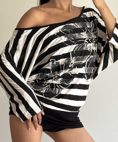 Shimmer & Stripes: Chic Off-Shoulder Floral Dolman Top for Fall & Holiday