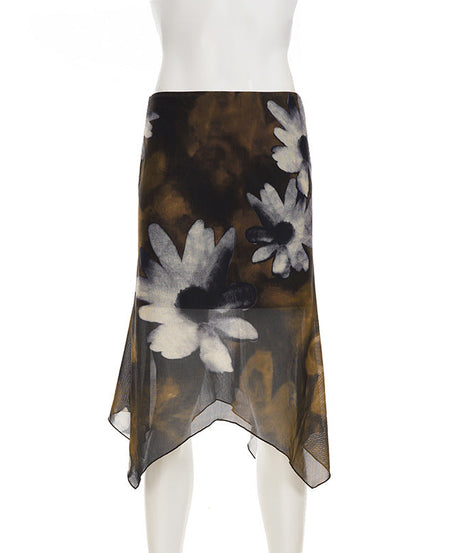 Autumn Bloom Asymmetrical Mesh Midi Skirt - Dark Floral Chic for Fall