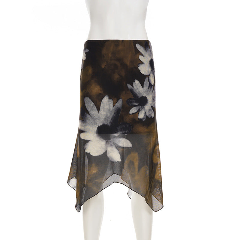 Autumn Bloom Asymmetrical Mesh Midi Skirt - Dark Floral Chic for Fall
