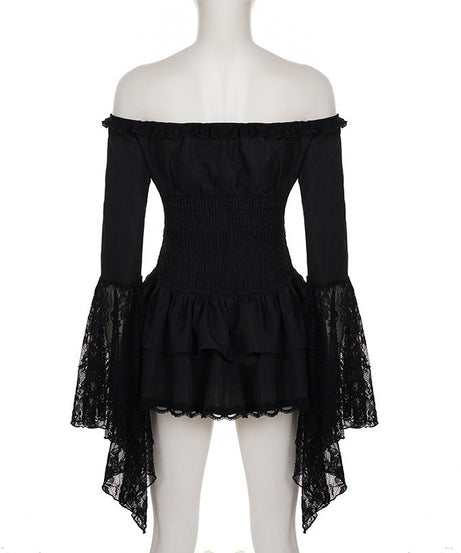 Fall Gothic Romance Off-Shoulder Ruffle Top - Bell Sleeve Lace Peplum Mini Dress for Women