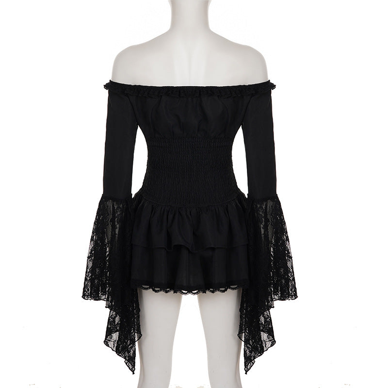Fall Gothic Romance Off-Shoulder Ruffle Top - Bell Sleeve Lace Peplum Mini Dress for Women