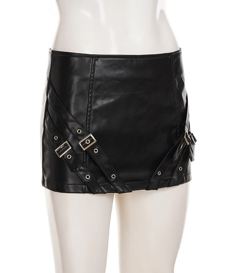 Edgy Moto Chic Faux Leather Buckle Mini Skirt - Fall Party & Concert Ready