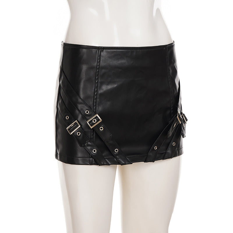 Edgy Moto Chic Faux Leather Buckle Mini Skirt - Fall Party & Concert Ready
