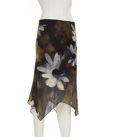 Autumn Bloom Asymmetrical Mesh Midi Skirt - Dark Floral Chic for Fall
