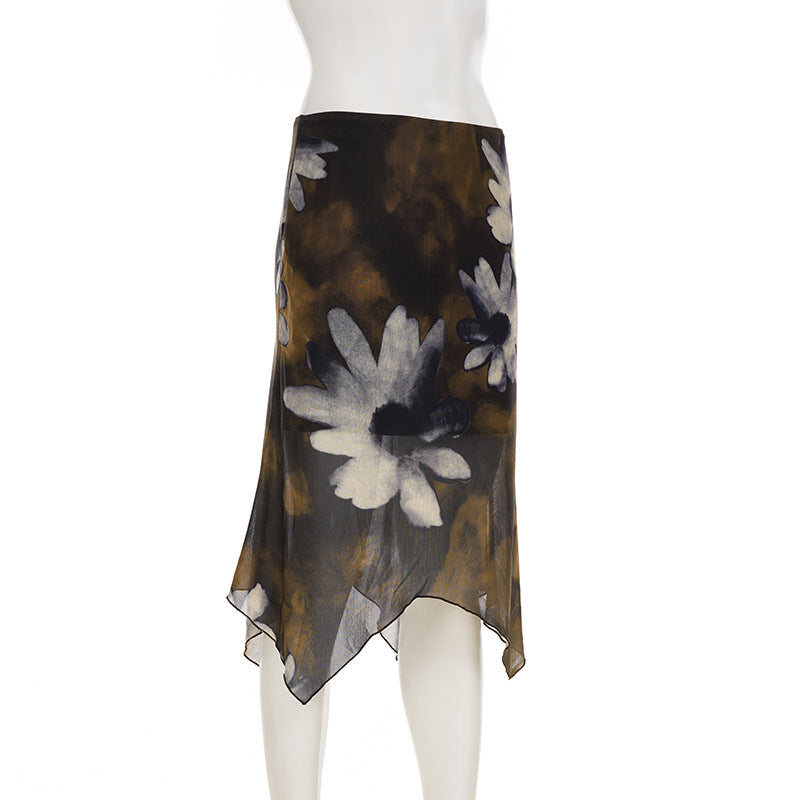 Autumn Bloom Asymmetrical Mesh Midi Skirt - Dark Floral Chic for Fall